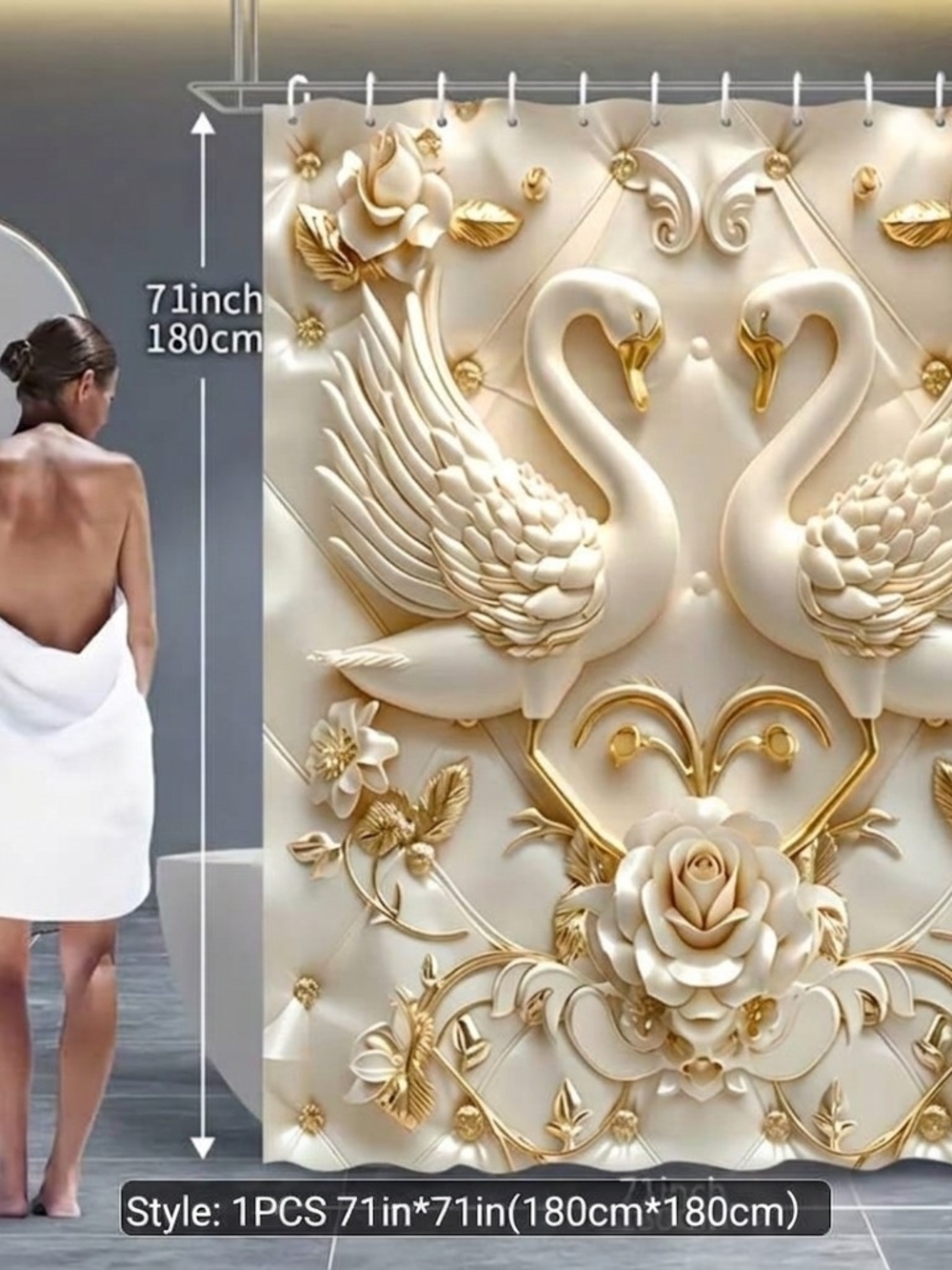 Swans In Love 2D  Elegant Ivory & Gold Decor Luxury Shower Curtain